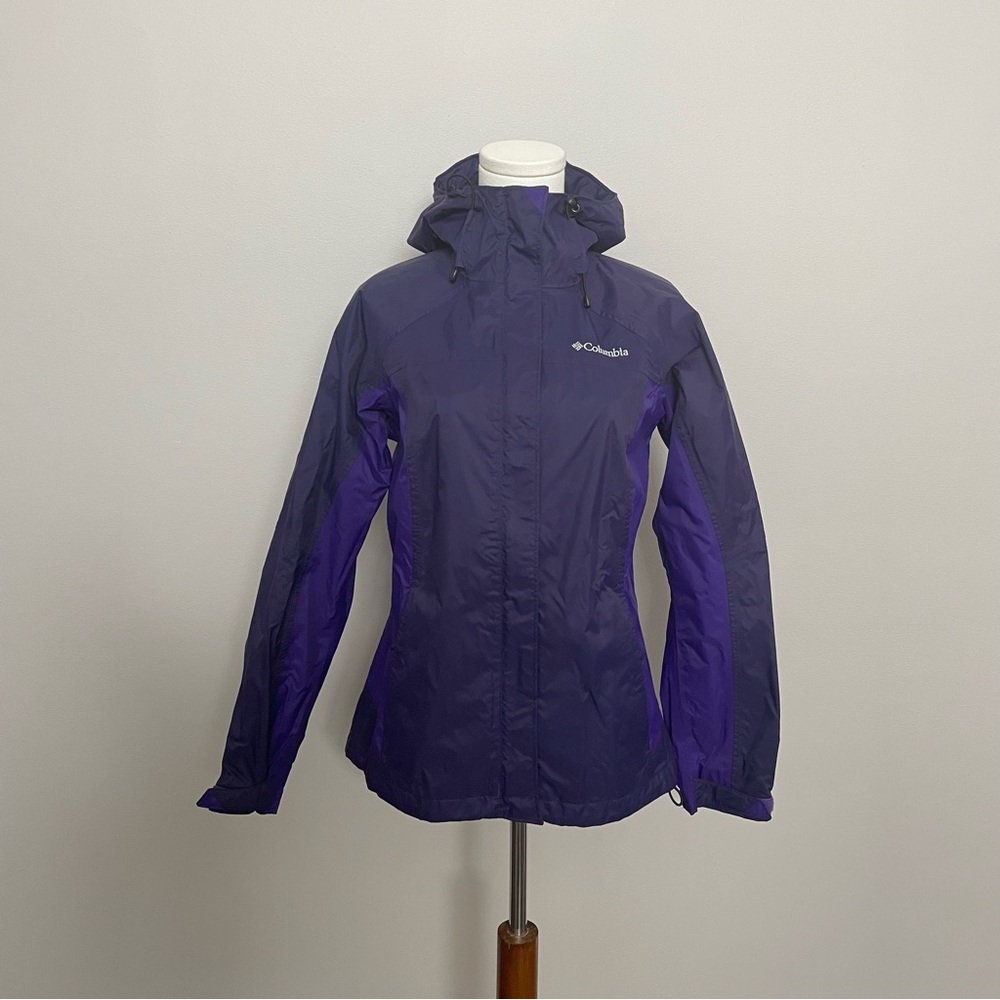 Columbia Jacket Hooded Rain Windbreaker Omni Tech Lightweight Zip Pockets Purple